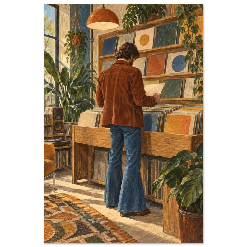 Retro Record Collector Art Print, Illustrated Scene (Unframed Print) image 2