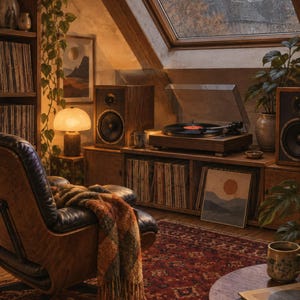 May include: A wooden record player with a clear dust cover sits on a media console alongside two wooden speakers. A black leather lounge chair with a plaid throw blanket, a mushroom-shaped lamp, and a red patterned rug complete the room.