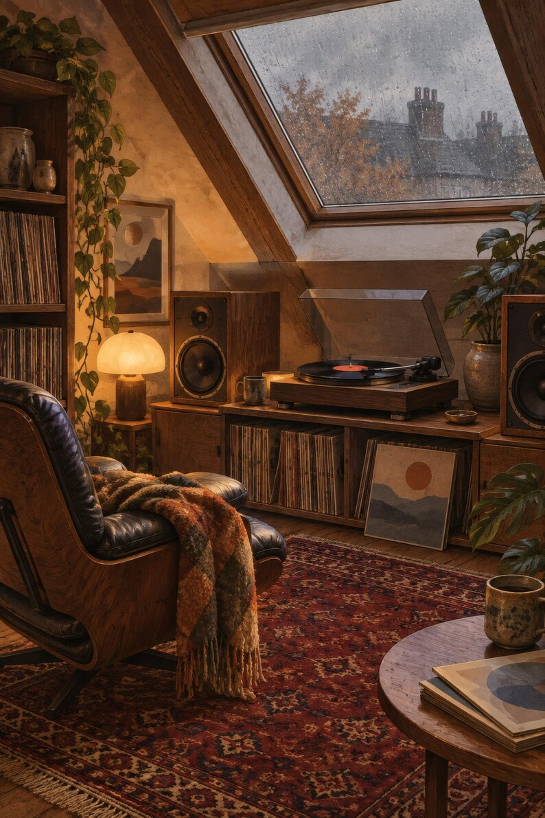 May include: A wooden record player with a clear dust cover sits on a media console alongside two wooden speakers. A black leather lounge chair with a plaid throw blanket, a mushroom-shaped lamp, and a red patterned rug complete the room.