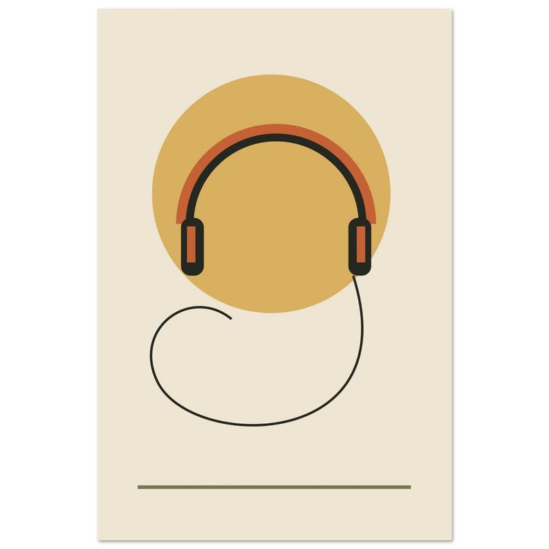 Retro Headphones Art Print, Music Room Wall Art, Headphones at Rest, Orange Music Print image 3