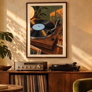 May include: A framed wall art print depicting a wooden turntable playing a black vinyl record with a light blue center label, accompanied by a glass of amber liquid, all rendered in warm, golden-hour lighting tones.