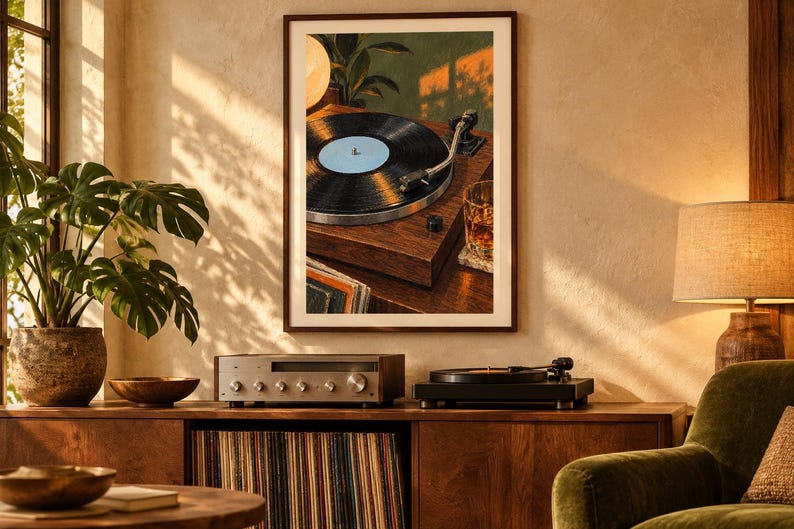 May include: A framed wall art print depicting a wooden turntable playing a black vinyl record with a light blue center label, accompanied by a glass of amber liquid, all rendered in warm, golden-hour lighting tones.