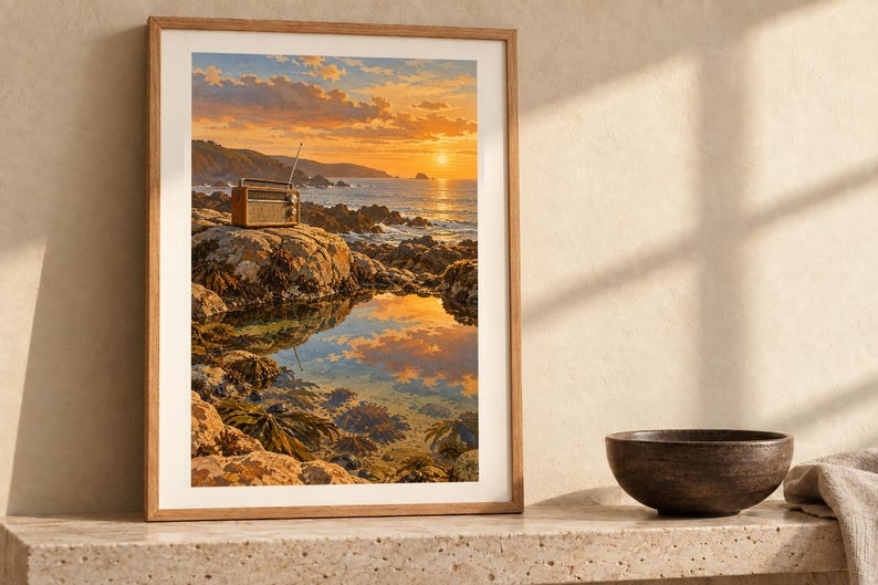 Puede incluir: Una impresi&oacute;n de arte mural vertical enmarcada que muestra un paisaje de costa rocosa al atardecer. Una radio de estilo vintage se asienta sobre una gran roca con vistas al oc&eacute;ano, con el sol dorado reflej&aacute;ndose en una poza de marea.
