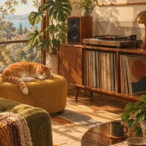 Puede incluir: Una sala de estar con un mueble multimedia de madera con tocadiscos y altavoz, un puf redondo color mostaza con un gato atigrado naranja durmiendo, un sof&aacute; verde con manta de punto y una mesa de centro redonda de madera con una taza.