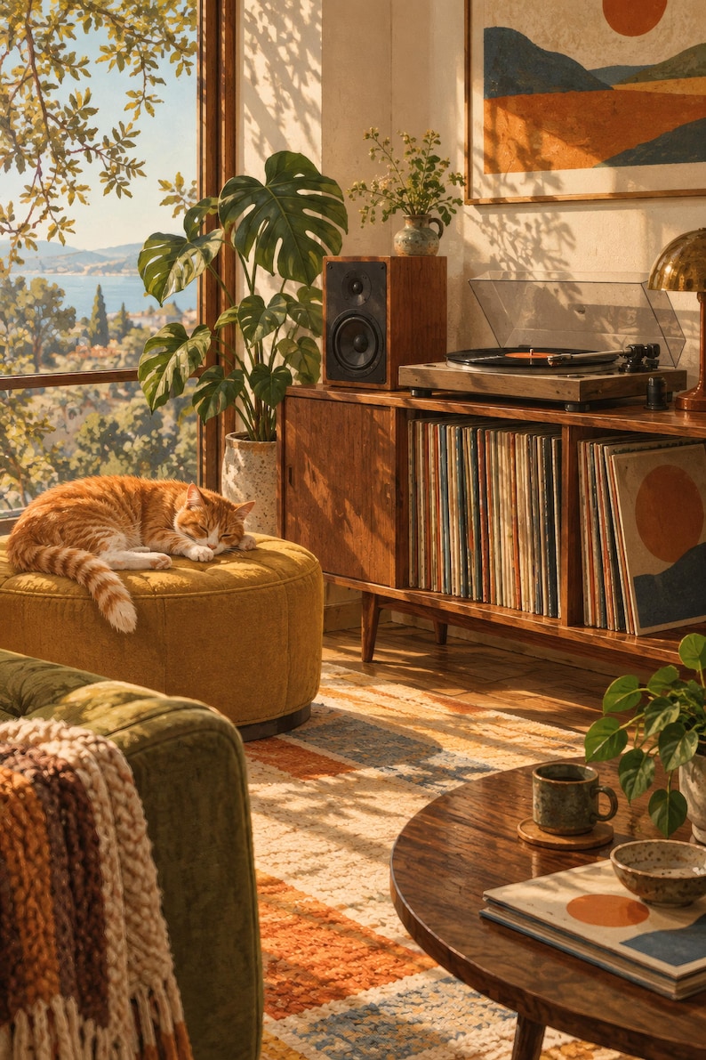 Puede incluir: Una sala de estar con un mueble multimedia de madera con tocadiscos y altavoz, un puf redondo color mostaza con un gato atigrado naranja durmiendo, un sof&aacute; verde con manta de punto y una mesa de centro redonda de madera con una taza.