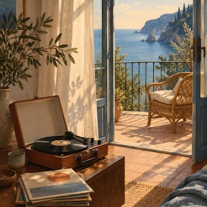 May include: A portable brown suitcase-style record player with a black vinyl record sits on a wooden table next to a stack of album covers. The scene includes a ceramic cup and a small bowl, with an open balcony door revealing a coastal view.