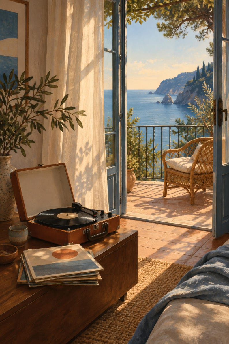 May include: A portable brown suitcase-style record player with a black vinyl record sits on a wooden table next to a stack of album covers. The scene includes a ceramic cup and a small bowl, with an open balcony door revealing a coastal view.