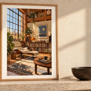Puede incluir: Una l&aacute;mina de arte enmarcada que muestra un interior soleado con un sill&oacute;n, un reposapi&eacute;s, grandes ventanales, una colecci&oacute;n de discos y un cuadro abstracto de la luna en la pared, todo ello en un marco de madera clara con borde blanco.