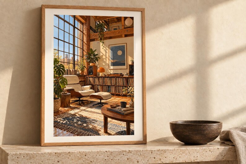 Puede incluir: Una l&aacute;mina de arte enmarcada que muestra un interior soleado con un sill&oacute;n, un reposapi&eacute;s, grandes ventanales, una colecci&oacute;n de discos y un cuadro abstracto de la luna en la pared, todo ello en un marco de madera clara con borde blanco.