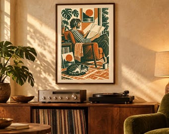 May include: A framed wall art print featuring a stylized illustration of a person wearing headphones, sitting in an orange armchair while reading a newspaper. A cat sleeps on a patterned rug below, with a record player and a houseplant also depicted.