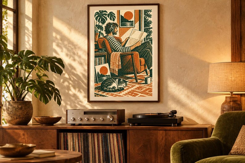 May include: A framed wall art print featuring a stylized illustration of a person wearing headphones, sitting in an orange armchair while reading a newspaper. A cat sleeps on a patterned rug below, with a record player and a houseplant also depicted.