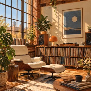 Puede incluir: Un sill&oacute;n de cuero blanco con reposapi&eacute;s a juego, que presenta una estructura de madera oscura curvada y una base de metal negro. El conjunto se sit&uacute;a en una habitaci&oacute;n con un gran ventanal, un mueble de madera para discos y una mesa de centro.