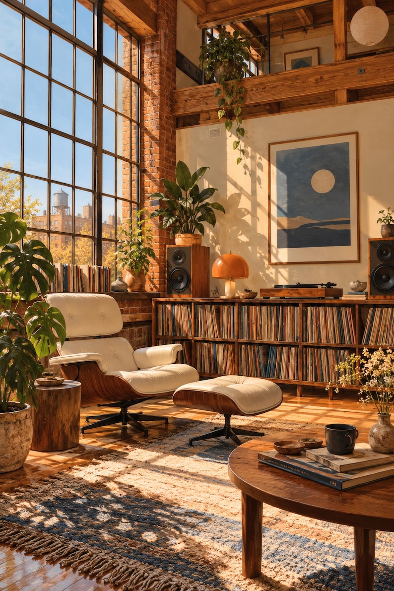 Puede incluir: Un sill&oacute;n de cuero blanco con reposapi&eacute;s a juego, que presenta una estructura de madera oscura curvada y una base de metal negro. El conjunto se sit&uacute;a en una habitaci&oacute;n con un gran ventanal, un mueble de madera para discos y una mesa de centro.