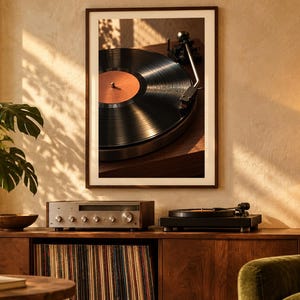May include: A framed wall art print featuring a close-up of a black vinyl record spinning on a turntable with a copper-colored center label. The artwork is displayed above a wooden media console containing a silver receiver and a black turntable.