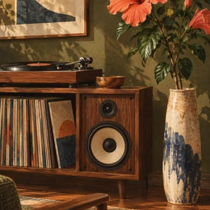 May include: A wooden media console holds a black turntable and a collection of vinyl records. A speaker with a large circular driver sits next to a tall, textured ceramic vase containing a vibrant orange hibiscus plant with green leaves.
