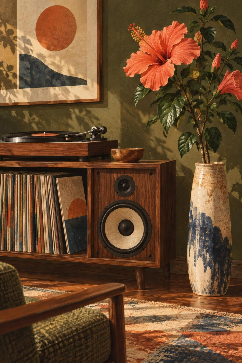 May include: A wooden media console holds a black turntable and a collection of vinyl records. A speaker with a large circular driver sits next to a tall, textured ceramic vase containing a vibrant orange hibiscus plant with green leaves.