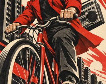 May include: A person in a red coat and black turtleneck riding a red bicycle while carrying a black boombox on their shoulder. The scene features a city skyline with tall buildings and a large sun against a red and white background.