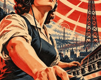 May include: A vintage-style illustration of a person wearing headphones while operating a large audio mixing console. The background features a cityscape with tall radio towers and red concentric circles radiating across the sky.