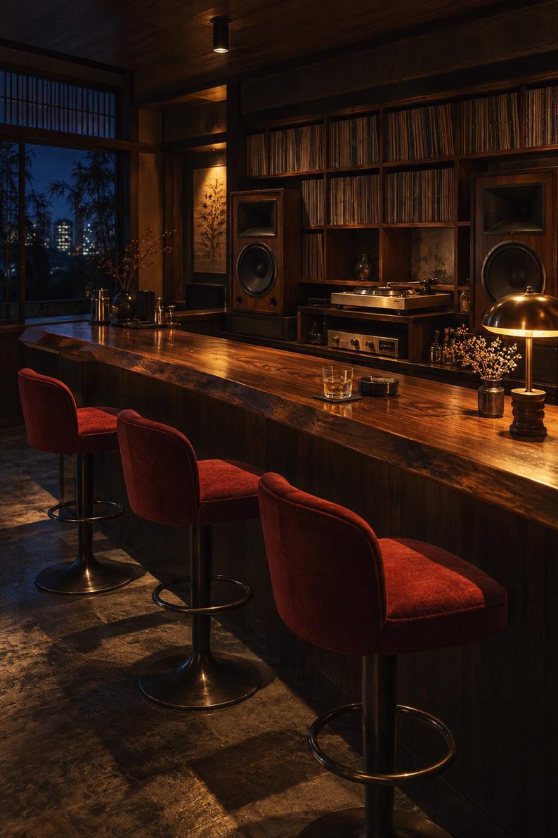 May include: Three bar stools with deep red velvet upholstery and dark metal pedestal bases with circular footrests, positioned along a long, thick, natural-edge wooden bar counter in a dimly lit room with audio equipment.
