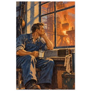 May include: A painting of a worker in blue denim overalls sitting and holding a white mug, looking out a window at a glowing industrial construction site with a crane. A vintage radio, a thermos, and a cloth are on the ledge nearby.
