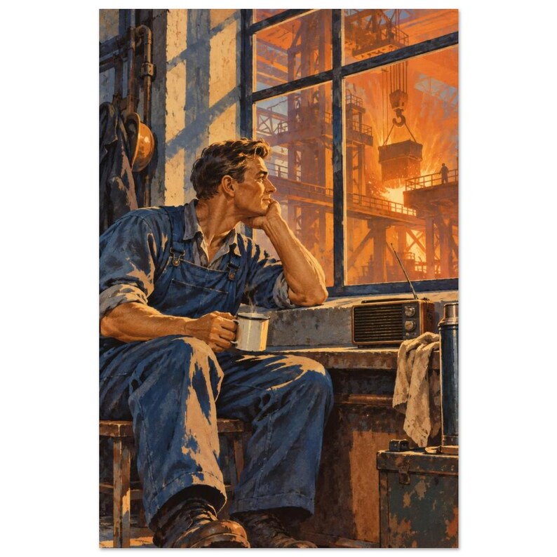 Night Shift Sound Art Print, Retro Worker and Radio Poster image 2