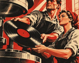 May include: A vintage-style illustration depicting two individuals operating a large industrial press to manufacture a black vinyl record with a red center label. The scene is rendered in a bold red and black color palette, highlighting the mechanical process within a factory setting with large windows in the background.