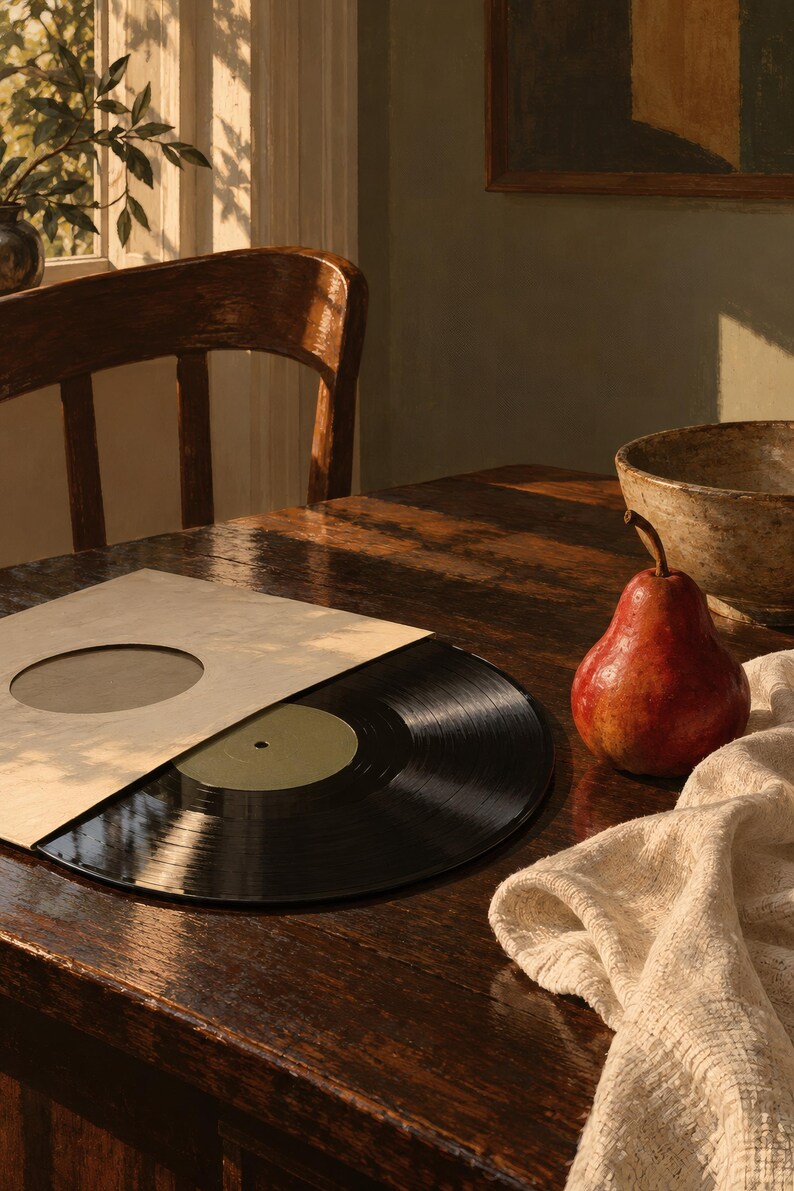 May include: A black vinyl record partially pulled from a light-colored paper sleeve with a circular cutout. A single red pear sits next to the record on a dark wooden surface, accompanied by a textured off-white fabric cloth nearby.
