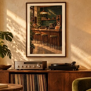 May include: A framed wall art print depicting a bar interior with three stools, a wooden counter, and green tiled walls, displayed above a wooden media console featuring a silver audio receiver and a black turntable.