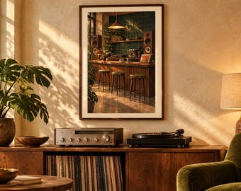 May include: A framed wall art print depicting a bar interior with three stools, a wooden counter, and green tiled walls, displayed above a wooden media console featuring a silver audio receiver and a black turntable.