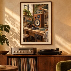 Puede incluir: Una impresi&oacute;n de pared enmarcada que muestra un altavoz de estanter&iacute;a de madera y auriculares con cable sobre un banco de trabajo desordenado. La escena incluye una peque&ntilde;a planta en maceta, varias herramientas y una ilustraci&oacute;n de paisaje.