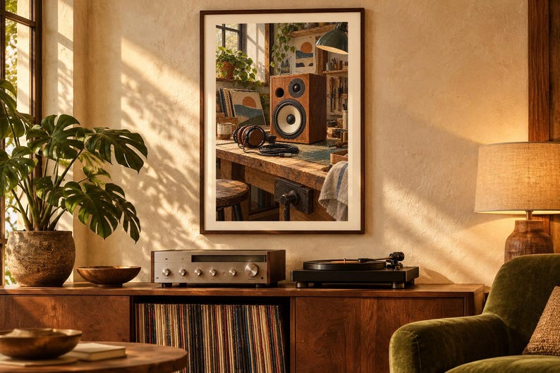 Puede incluir: Una impresi&oacute;n de pared enmarcada que muestra un altavoz de estanter&iacute;a de madera y auriculares con cable sobre un banco de trabajo desordenado. La escena incluye una peque&ntilde;a planta en maceta, varias herramientas y una ilustraci&oacute;n de paisaje.