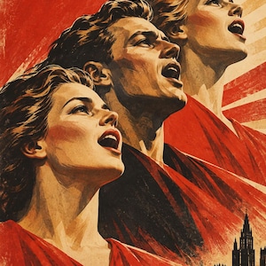 May include: A poster illustration featuring three people with heads tilted upward and mouths open as if singing. The background is a vibrant red with radiating light beams. Below, a dark silhouette of a city skyline sits by a river.
