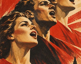 May include: A poster illustration featuring three people with heads tilted upwards and mouths open as if singing. The background is a vibrant red with radiating light beams. Below, a dark silhouette of a city skyline sits by a river.