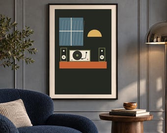May include: A framed wall art print featuring a dark background with a blue window, a yellow semi-circle, and a record player flanked by two speakers resting on an orange shelf. The composition uses flat shapes and muted colors to depict a scene.