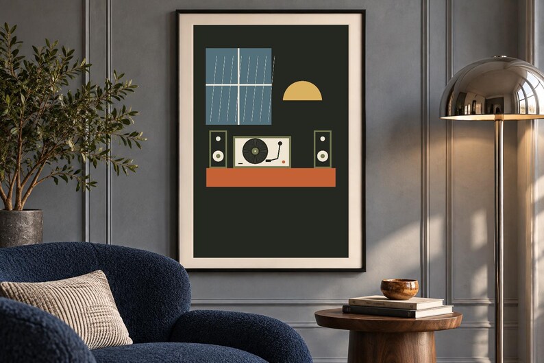May include: A framed wall art print featuring a dark background with a blue window, a yellow semi-circle, and a record player flanked by two speakers resting on an orange shelf. The composition uses flat shapes and muted colors to depict a scene.