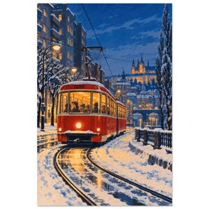 Night Tram Art Print, Retro Winter City Railway Poster afbeelding 2