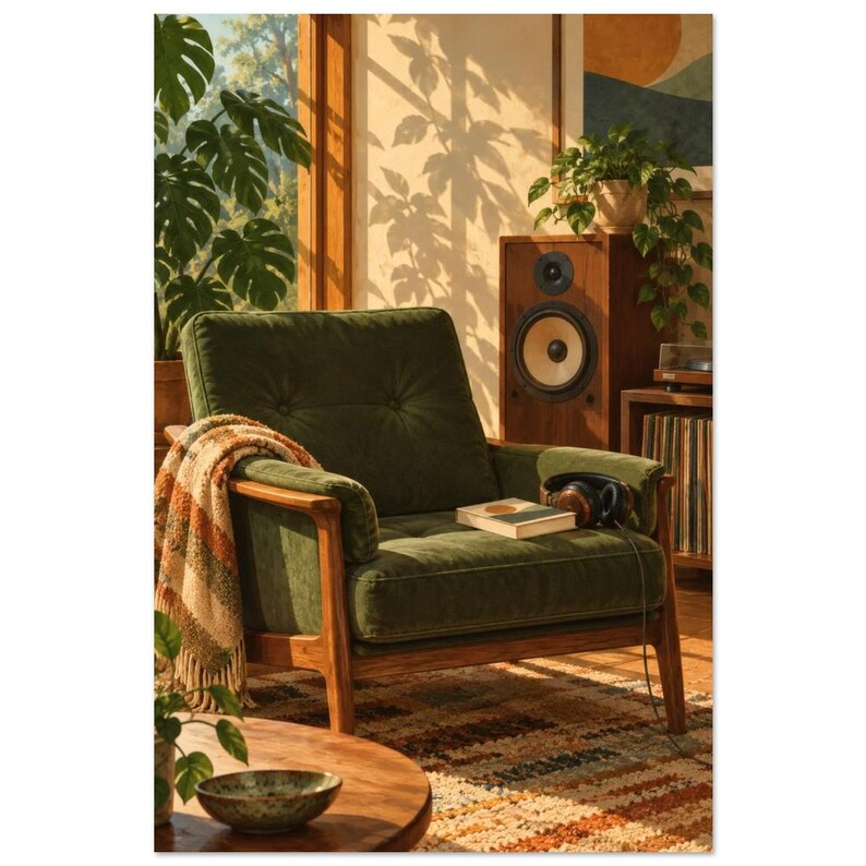 Green Reading Chair Art Print, 1970s Music Culture Scene (Unframed Print) 30 × 45 cm / 12 × 18 in