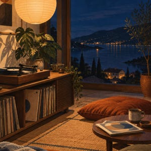 May include: A wooden record player console with a collection of vinyl records, a spherical paper pendant light, a round wooden coffee table with a ceramic mug, and floor cushions in a room overlooking a coastal landscape at night.