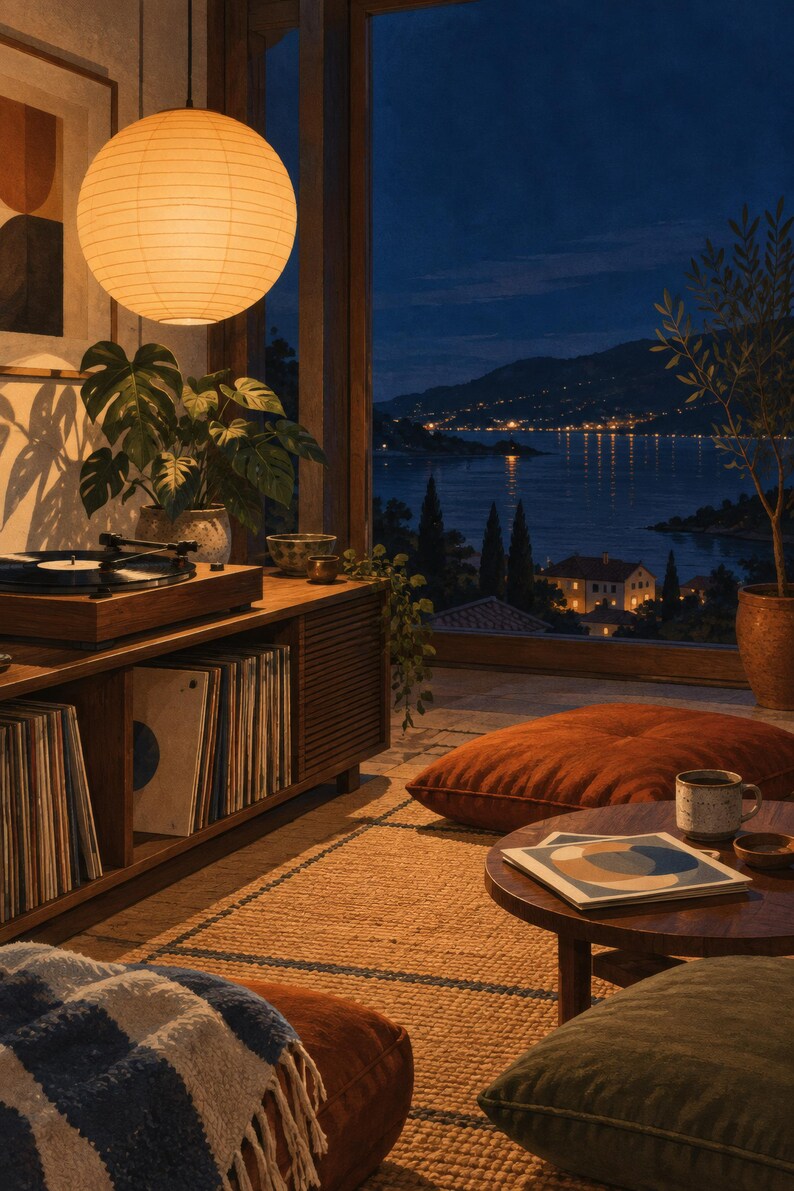 May include: A wooden record player console with a collection of vinyl records, a spherical paper pendant light, a round wooden coffee table with a ceramic mug, and floor cushions in a room overlooking a coastal landscape at night.