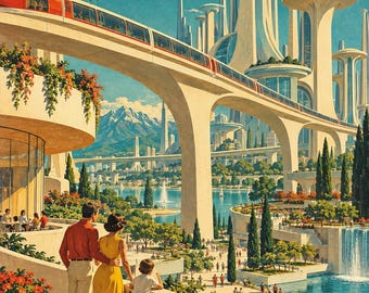 May include: A futuristic cityscape illustration featuring a red monorail train on an elevated track, tall white towers, a bright yellow sun, and a blue lake. A family stands on a terrace overlooking the scene with mountains in the distance.