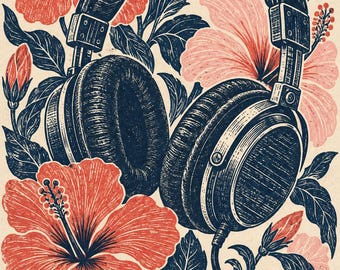 May include: A pair of dark blue over-ear headphones with a wired connection, centered amidst a detailed illustration of large red and pink hibiscus flowers and dark blue leaves on a light cream-colored background.