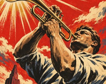 May include: A stylized poster illustration featuring a person playing a golden trumpet against a vibrant red background with sunburst rays. The scene includes a dark silhouette of a city skyline with tall buildings under a cloudy sky.