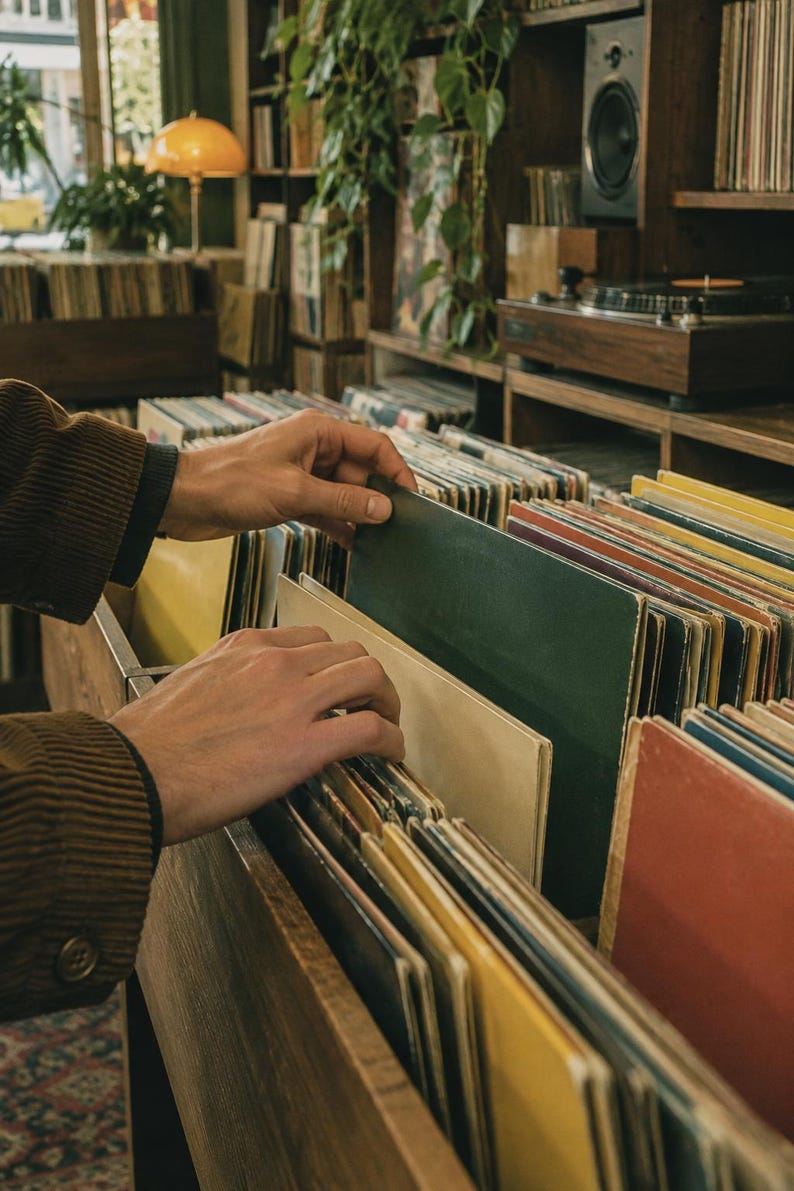 Pu&ograve; includere: Una collezione di dischi in vinile conservati in una cassa di legno, con copertine di vari colori tra cui verde scuro, beige e rosso. I dischi sono disposti verticalmente, consentendo di sfogliare facilmente le copertine.