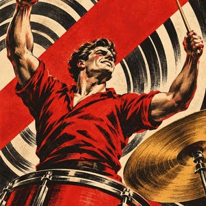 Puede incluir: Una ilustración dinámica de un baterista con camisa roja, tocando una caja roja y un platillo dorado. El baterista sostiene dos baquetas de madera en alto. El fondo presenta un diseño gráfico audaz con círculos concéntricos en blanco y negro y una ancha franja diagonal roja.
