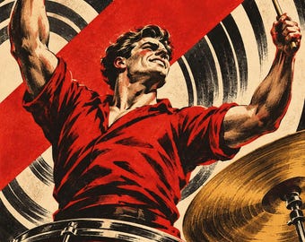 Puede incluir: Una ilustración dinámica de un baterista con camisa roja, tocando una caja roja y un platillo dorado. El baterista sostiene dos baquetas de madera en alto. El fondo presenta un diseño gráfico audaz con círculos concéntricos en blanco y negro y una ancha franja diagonal roja.