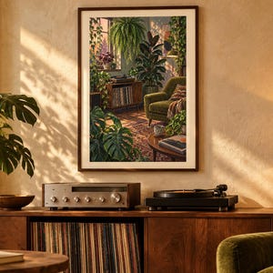 May include: A framed wall art print depicting a cozy living room filled with lush green houseplants, a record player on a wooden console, a patterned rug, and a green armchair, all bathed in warm, golden sunlight streaming through a window.
