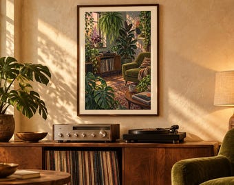 May include: A framed wall art print depicting a cozy living room filled with lush green houseplants, a record player on a wooden console, a patterned rug, and a green armchair, all bathed in warm, golden sunlight streaming through a window.