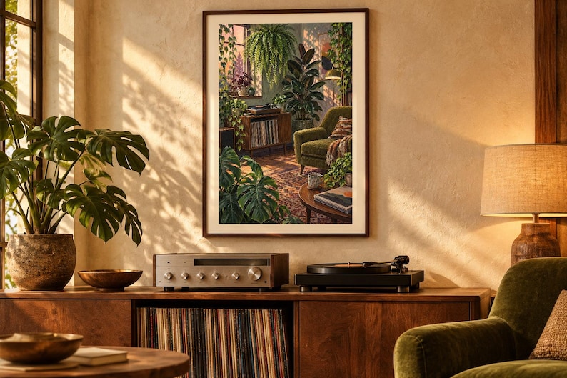 May include: A framed wall art print depicting a cozy living room filled with lush green houseplants, a record player on a wooden console, a patterned rug, and a green armchair, all bathed in warm, golden sunlight streaming through a window.