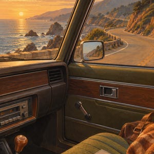 Puede incluir: El interior de un veh&iacute;culo antiguo presenta un asiento tapizado en verde, una palanca de cambios de madera y un reproductor de casetes. Una peque&ntilde;a caja cuadrada con un gr&aacute;fico de atardecer descansa sobre el asiento junto a una manta marr&oacute;n.