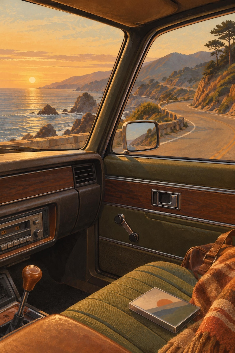Puede incluir: El interior de un veh&iacute;culo antiguo presenta un asiento tapizado en verde, una palanca de cambios de madera y un reproductor de casetes. Una peque&ntilde;a caja cuadrada con un gr&aacute;fico de atardecer descansa sobre el asiento junto a una manta marr&oacute;n.